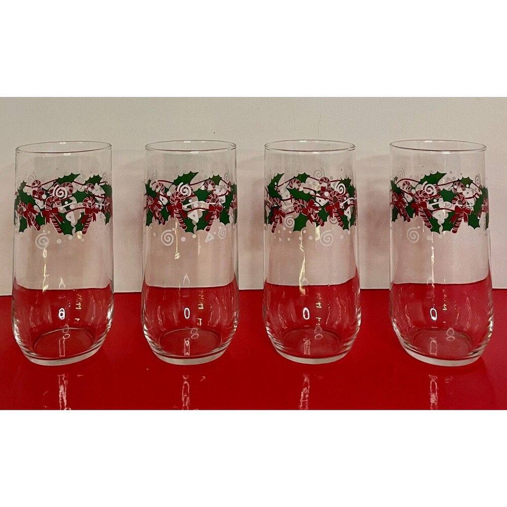 Set of 4 Glass Christmas‎ Tumbler (s) CANDY CANE and HOLLY